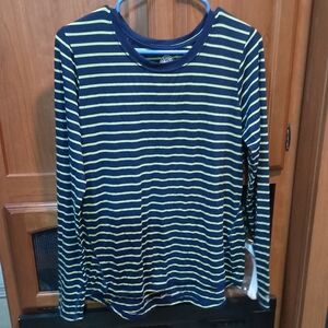 Healing Hands Striped Navy and Green Scoop Neck Pullover Long sleeve Shirt Large